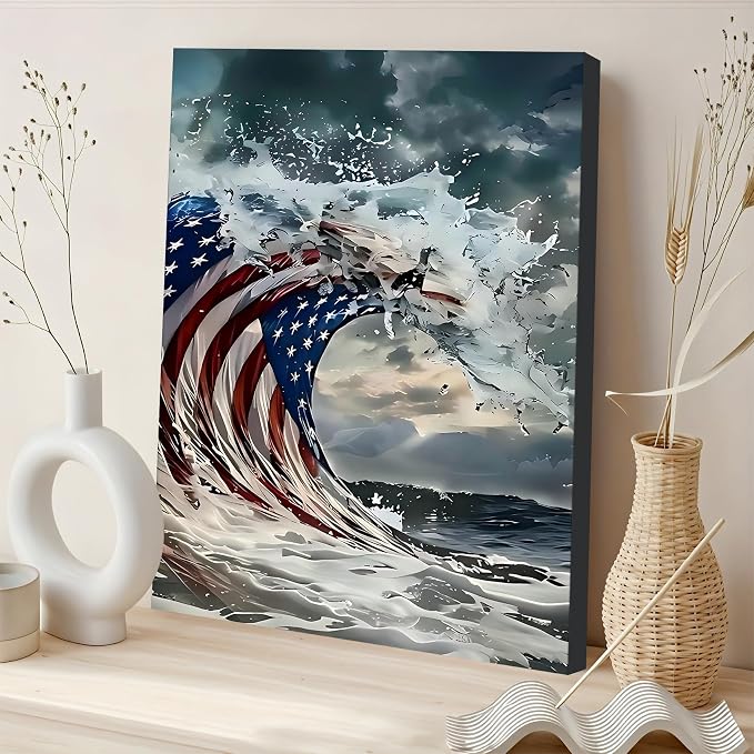 Framed American Flag Ocean Wave Wall Art, Patriotic Abstract Canvas Art Pictures, USA Flag Wall Decor, Made in USA Ready to Hang for Living Room Bar