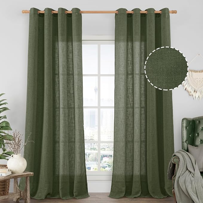 Olive Green Sheer Linen Curtains 84 Inches Long for Living Room | Light Filtering, Christmas, Curtains for Bedroom, Farmhouse, Neutral Boho, Bronze Grommet Drapes, 52 x 84 Inch, 2 Panels