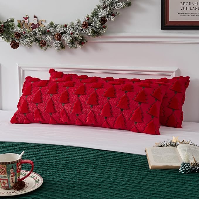 UGASA Christmas Tree 14x36 Inch Long Lumbar 1 Pack Soft Plush Faux Fur Luxury Embroidery Rectangle Cushion Case for Couch Sofa Holiday Festivals Winter Xmas Gift, Red & Green
