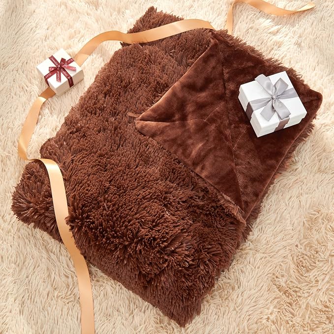 GONAAP Fuzzy Faux Fur Queen Blanket for Couch, Coffee, 90"x90" | Warm Cozy Plush Shaggy Decorative Reversible Thick Non-Heated Fleece Blanket for Sofa Bed, Gift for Women Men, All Season Use