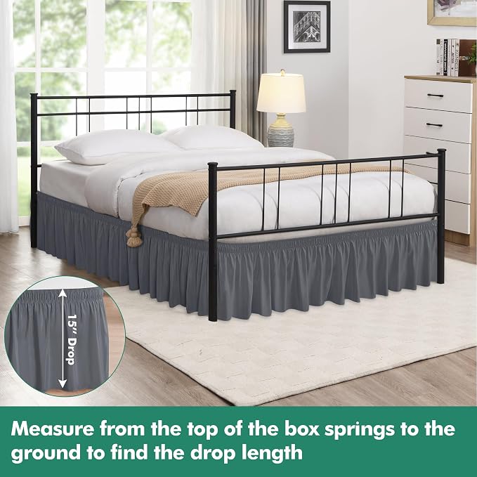 Wrap Around King Size Bed Skirt Split Corner 15" Drop-Elastic Dust Ruffle | Dark Grey Adjustable Pleated Bedskirt-Easy Fit Wrinkle Resistant Washable Bed Skirting-Master Guest Bedroom Couples Hotels