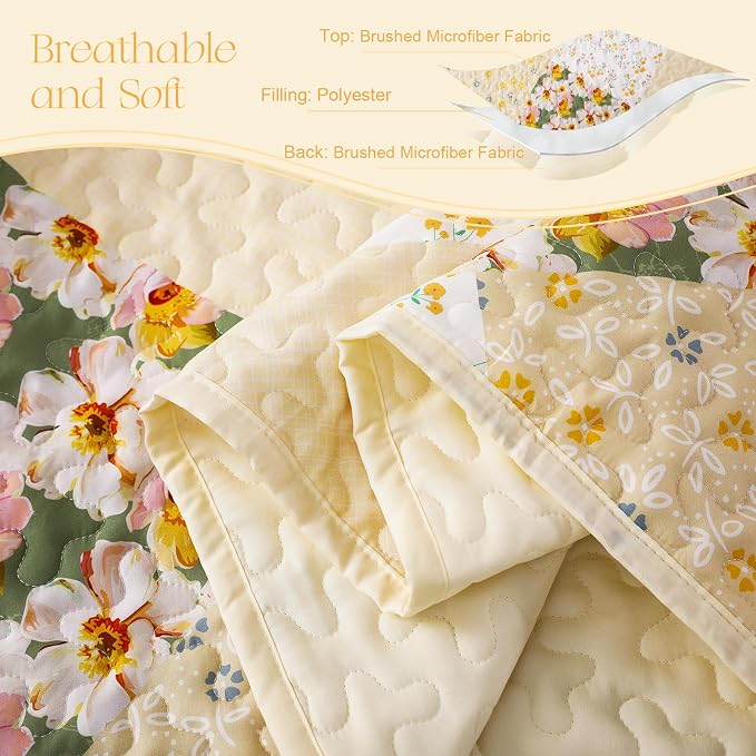 Exclusivo Mezcla Reversible Boho Quilt King Size Yellow | Lightweight Soft Bedspreads, All Season Patchwork Coverlet Bedding Set, Printed Floral Pattern, 1 Quilt and 2 Pillow Shams