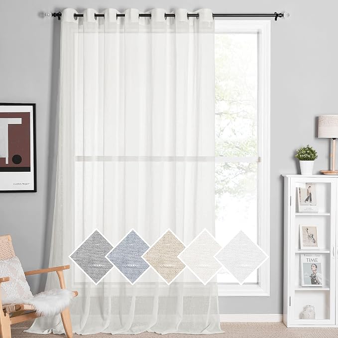 NICETOWN Linen Sheer Curtain 100 Inch Wide Privacy for Patio Door (W100 x L96), Grommet Sheer Linen Curtain Flax Texture Privacy with Light Penetration for French Door/Living Room, Ivory, 1 Panel