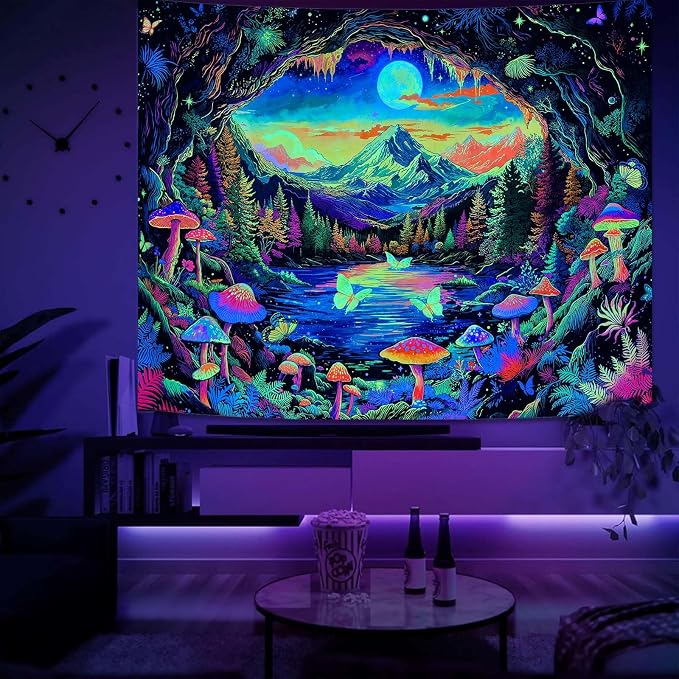 Zussun Blacklight Mushroom Forest Tapestry UV Reactive Nature Mountain Moon Butterfly Tapestry for Bedroom Aesthetic Landscape Small Tapestries Wall Hanging for Dorm Living Room Decor 60 x 44 Inch