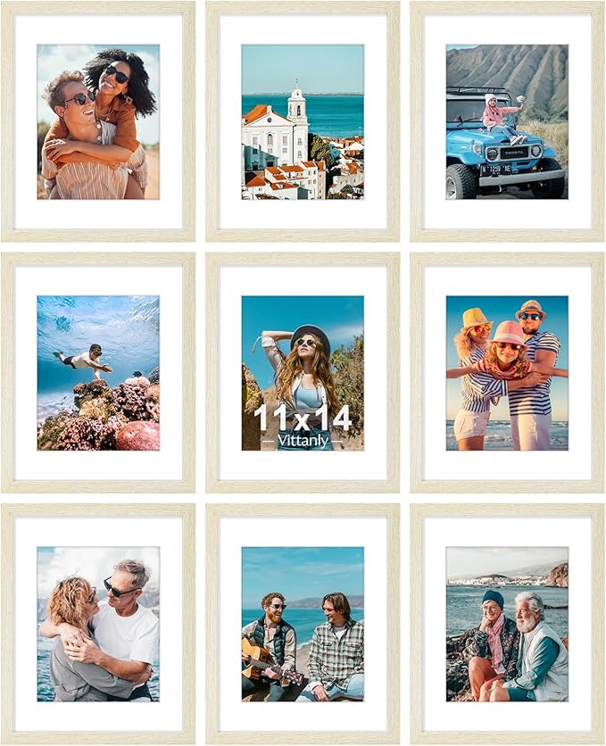 Vittanly 11x14 Picture Frames Set of 9 for Wall Mounting, Cornsilk | Display Pictures 8x10 with Mat or 11x14 without Mat, Engineered Wood with Shatter Resistant Plexiglass, Gallery Photo Frames