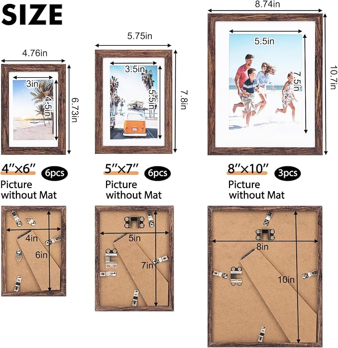 Fixwal Gallery Picture Frames Set, 15 Pack, MDF, Brown, 8x10, 5x7, 4x6 | Wall or Tabletop Decor, High-definition Plexiglas panels