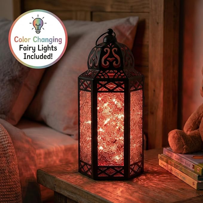 Vela Lanterns Decorative Indoor Fairy Light Color Changing Candle Holder, L | Diwali Ramadan & Eid Decorations, Fantasy Multicolor Moroccan Decor, Turkish Metal Hanging Lamp, Outdoor, 12" Tall