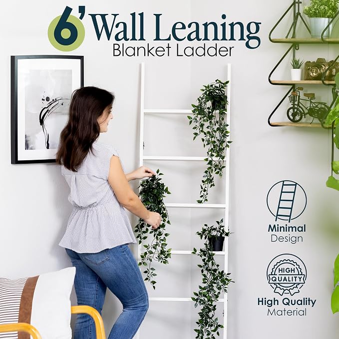 Blanket Ladder for the Living Room and Bedroom, Quilt Rack, 6-Tier, White | 5ft 8 inch, Wall Leaning Blanket Holder, Laminate Snag Free, Rustic Decorative Farmhouse Ladder Shelf for Blankets