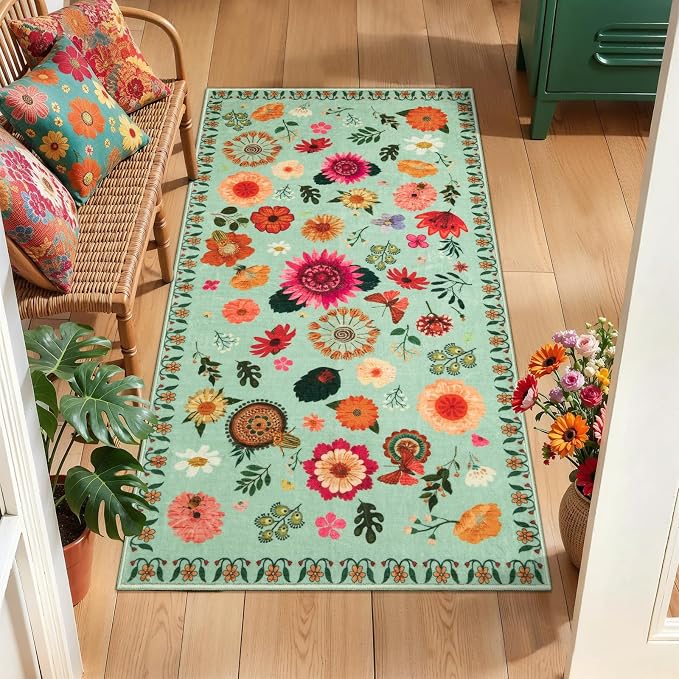 Ciicool 2x4 Small Rug for Entryway Runner Kitchen Floral Washable Area Rugs | Low Pile Soft Boho Non Slip Carpet for Entrance Hallway Laundry Bedroom Carpets