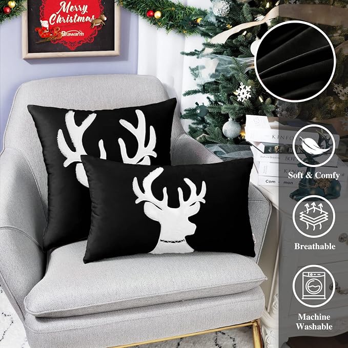 BRAWARM Christmas Pillow Cover 18 X 18 Inches, Black Reindeer Embroidered Pillow Cover, Soft Velvet Decorative Throw Pillow for Couch Bed Sofa Living Room Home
