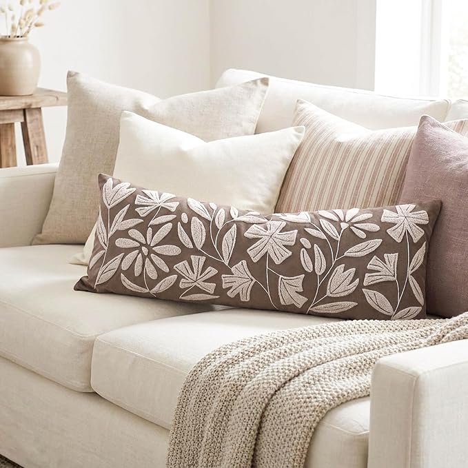 BlissBlush Long Lumbar Pillow Cover 14x36 for Bed, Taupe Brown Floral Tufted Velvet Accent Oversize Throw Pillowcase for Bedroom, Cover Only