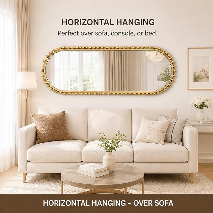20"x53" Oval Full Length Wall Mirror, Unique Bold Beaded Frame | Antique gold long oval mirror, vertical or horizontal hanging for dressing room, bathroom, entryway, bedroom, living room