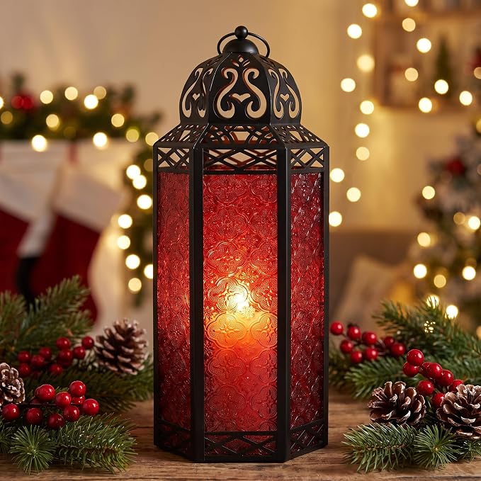 Vela Lanterns Decorative Indoor Candle Holder Table Centerpieces - Moroccan Hanging Outdoor Patio & Porch Home Decor, Turkish Floor Lamp for Wedding, Ramadan (Extra Large 16", Red Glass)