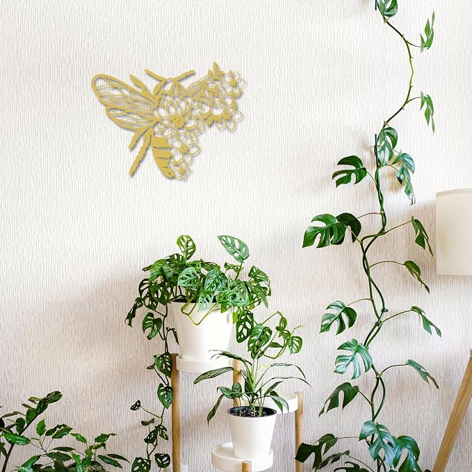 Rajukit Bohemian Bee Flower Metal Wall Art Gold for Living Room | Honey bee theme botanical style indoor decor hanging sculpture gold finish for bedroom kitchen living room