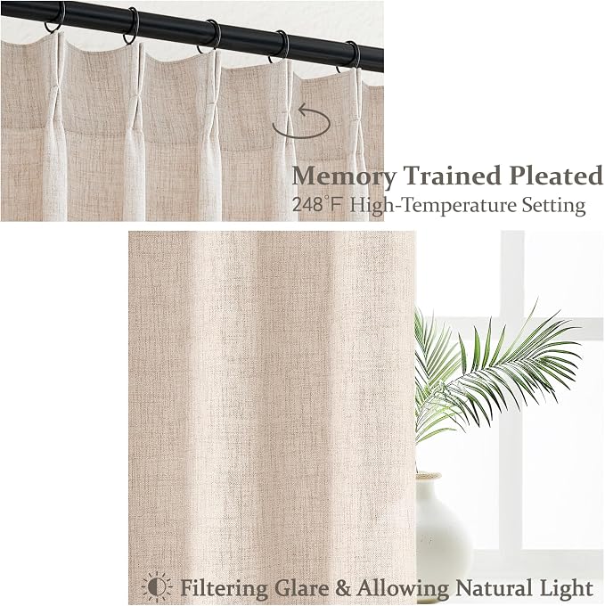 PleatedDrapes Modern Farmhouse Style Light Filtering Curtains for Living Room/bedroom, Country Rustic Oatmeal Beige Brown Curtains 108 Inches Long Flax Linen Pinch Pleated Sheer Canvas Muslin 2 Panels
