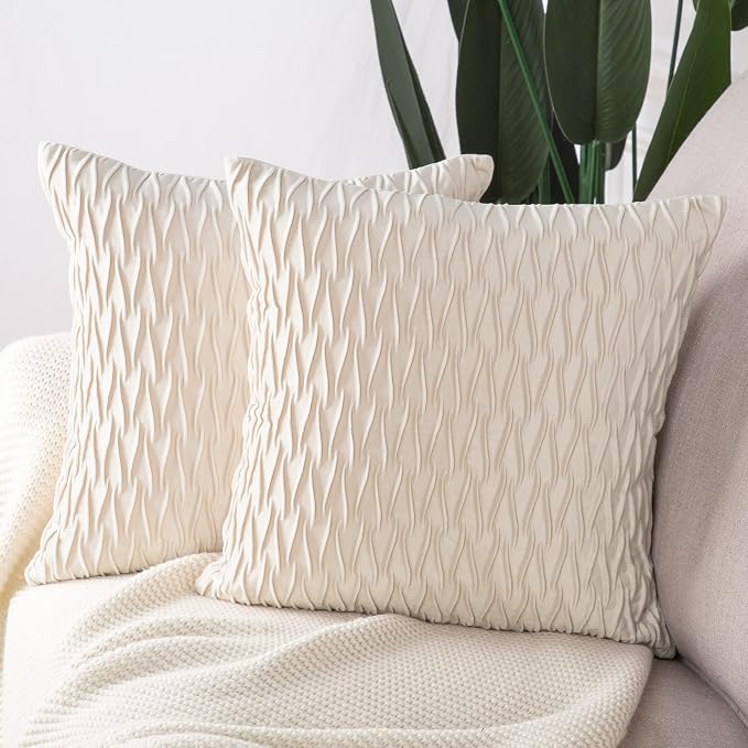 MADIZZ Set of 2 Super Soft Velvet Decorative Throw Pillow Covers 24x24 inch Beige Square with Texture Luxury Style Cushion Case European Pillow Shell for Sofa Bedroom