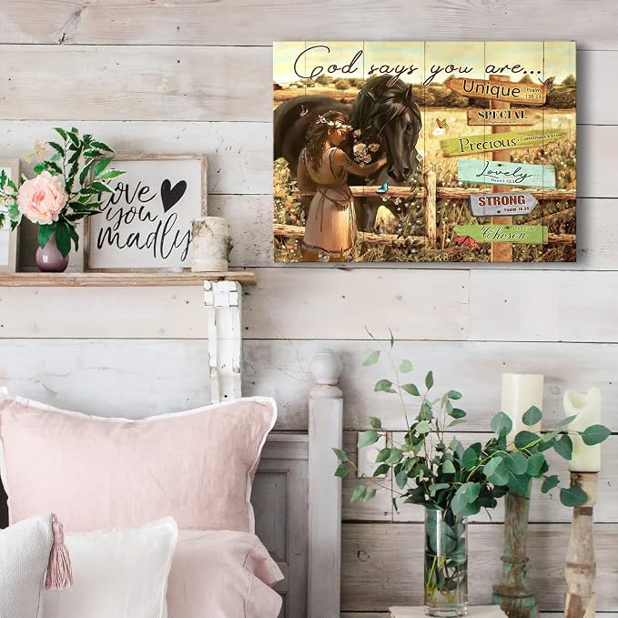 Rustic Farmhouse Horse Wall Art Horse Gifts for Girls Inspirational Spiritual Scripture Christian Picture God Says You Are Wall Decor Framed Modern Artwork for Girls Bedroom 12x16 inch