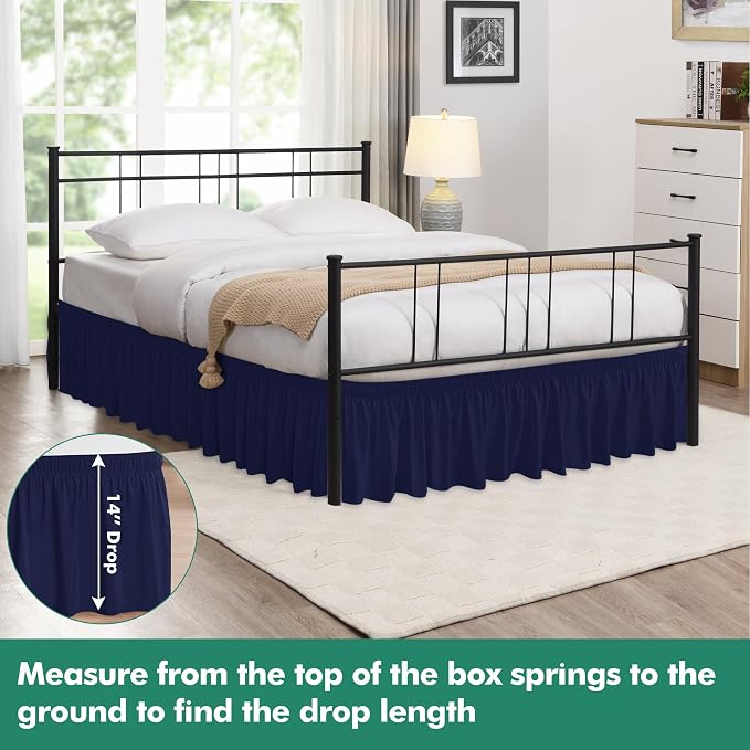Wrap Around Queen Size Bed Skirt Split Corner 14" Drop-Elastic Dust Ruffle | Navy Adjustable Pleated Bedskirt-Easy Fit Wrinkle Resistant Washable Fabric Bed Skirting-Master Guest Bedroom Rental Hotels