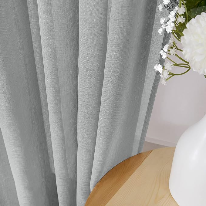 Tollpiz Short Sheer Curtain Linen Textured Bedroom Curtains Sheer Light Filtering Rod Pocket Voile Curtain for Living Room, 54 x 54 inches Long, Silver Grey, Set of 2 Panels