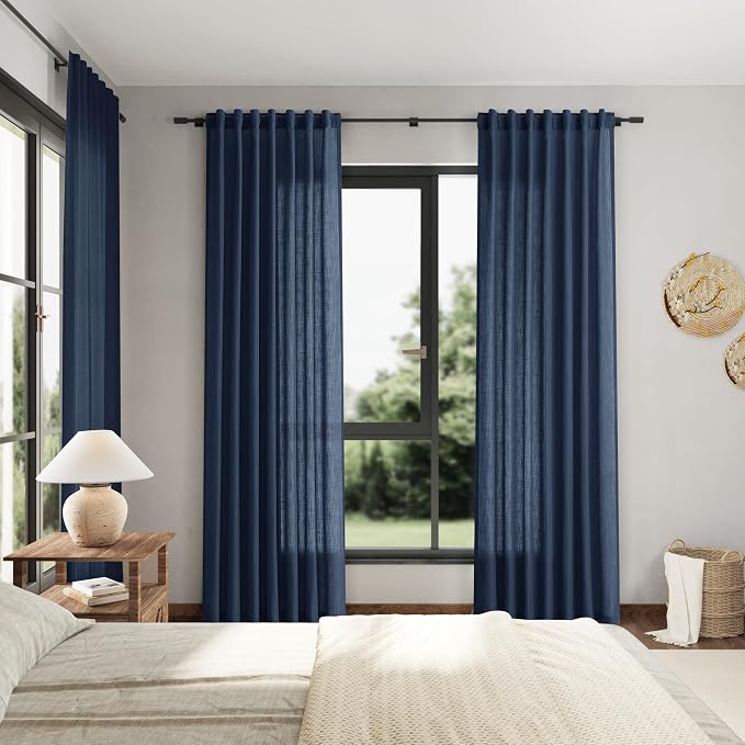 Denim Blue Linen Curtains 96 Inches Long 2 Panels Set for Living Room Rod Pocket Back Tab Semi Sheer Light Filtering Protect Privacy Denim Blue Curtain for Bedroom Floor Length 52x96