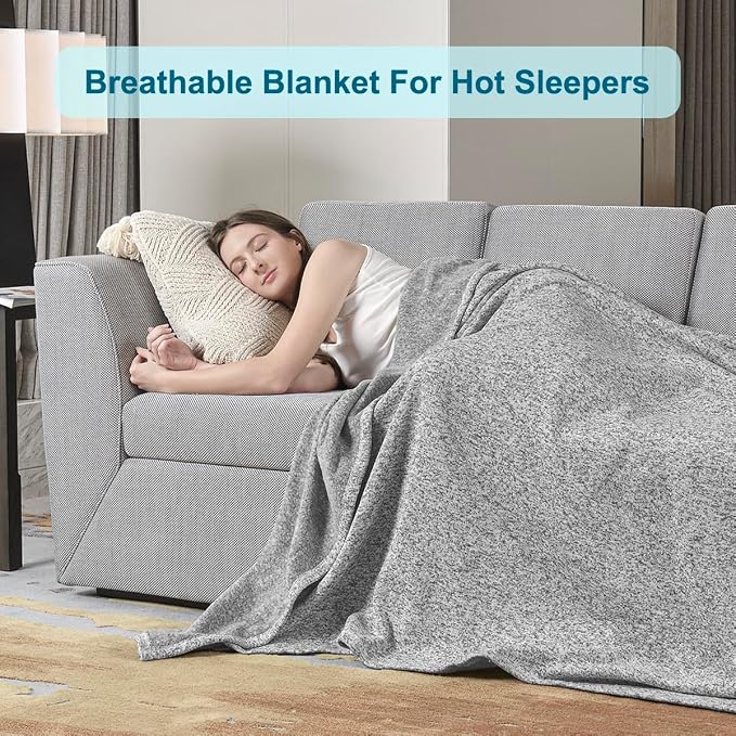 KAWAHOME Summer Sweatshirt Blanket for Bed Lightweight Soft Thin, 71" × 79" | Breathable Jersey Blankets for Hot Sleepers in Air-Conditioned Room, Home Decor Holiday Gift, Heather Grey