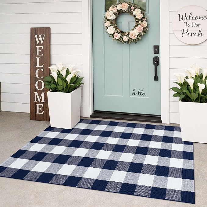 KILOCOCO Buffalo Plaid Checkered Rug 3x5 ft Blue and White Front Door Rug | Machine Washable Front Porch Rug, Outdoor Indoor Entryway Rug, Cotton Layered Doormat, Low Pile Rugs for Kitchen Patio