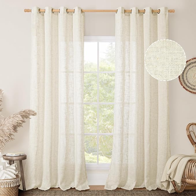 102 inch Long Natural Linen Curtains for Living Room 2 Panels | Cream Ivory, Light Filtering Semi Sheer Panels, Long, Boho, Curtains for Bedroom, Farmhouse, Bronze Grommet, 52 x 102 Inch