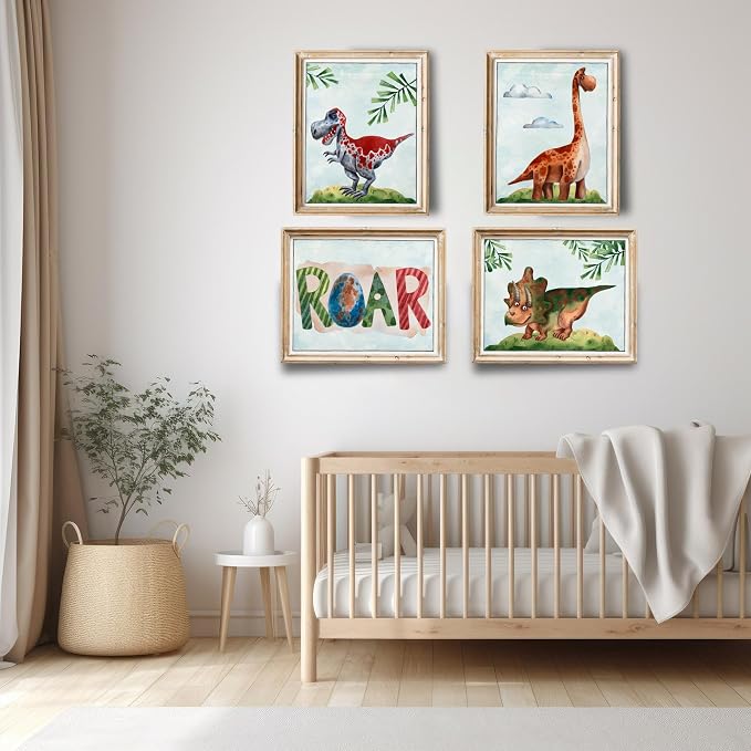 Friendly Dinosaur Art Prints (Set of 4) - Unframed - 8x10s | Fun and Educational Prehistoric Decor for Kids' Rooms | Wall Decor for Boys and Girls Bedrooms or Nurseries | Bathroom Pictures Wall Decor