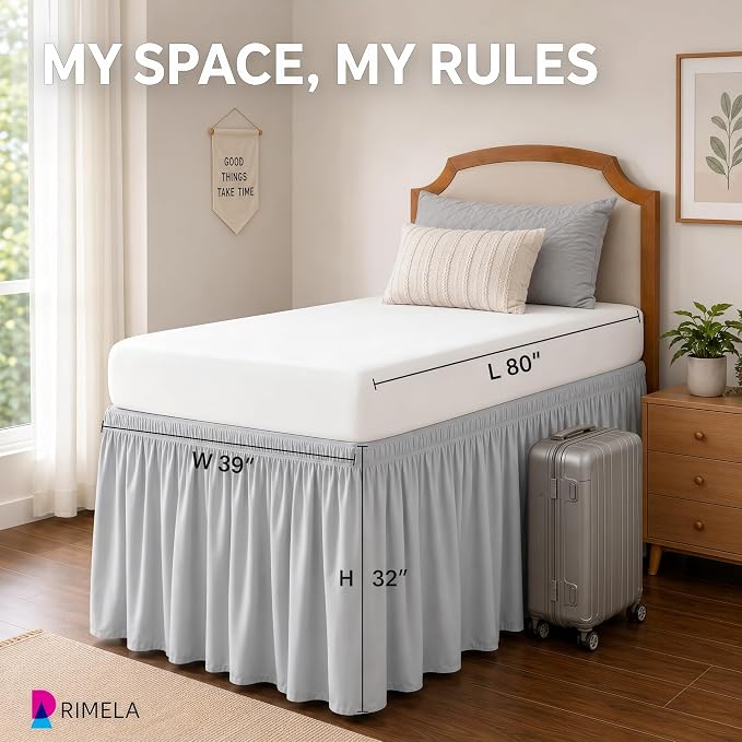 College Dorm Bed Skirt Twin XL 32" Drop, Slit Corner Bedskirt, Ice Grey | Solid ruffled, Wrap-around/elastic, Wrinkle & Fade resistant, with Adhesive Strips, Gift Packed, Machine Wash/Tumble Dry/Iron