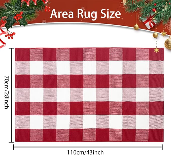 USTIDE Buffalo Plaid Rug Red & White Check Indoor/Outdoor Floor Mat 27.5"x43.3" Christmas Layering Doormat for Hello/Welcome Hand Woven Cotton Area Rug for Front Door Porch Kitchen