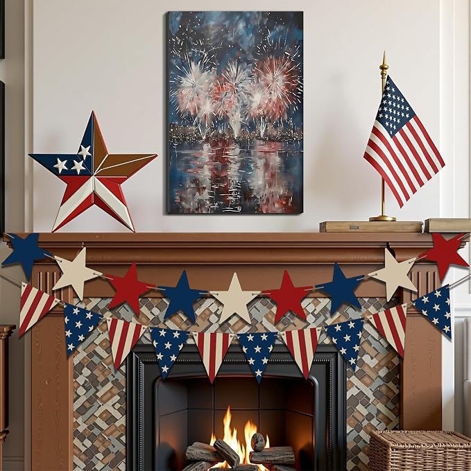 Framed 4th of July Fireworks Cityscape Wall Art, Patriotic Abstract Canvas Art Pictures, USA Independence Day Wall Decor, Made in USA Ready to Hang for Living Room Bar