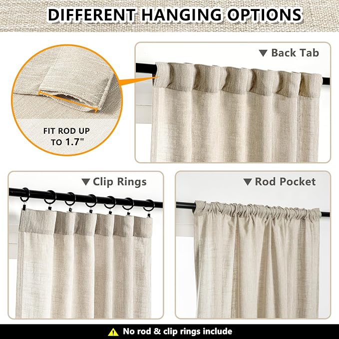 MYSKY HOME Ceiling Curtains for Living Room, Soft Cotton Curtain Polyester Blend Semi Sheers Light Filtering Window Treatments Decor Back Tab Top Panel, 50" x 95", Light Taupe, 2 Pcs