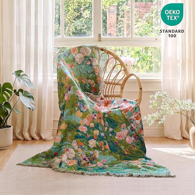 MSGKV Boho Throw Blanket 60"x80" Cotton Floral Twin Blanket for Bed & Couch | Twin Size Cotton Throw, Muslin Blanket, Summer Breathable, Lightweight Comfort, Farmhouse Decor, Machine Washable