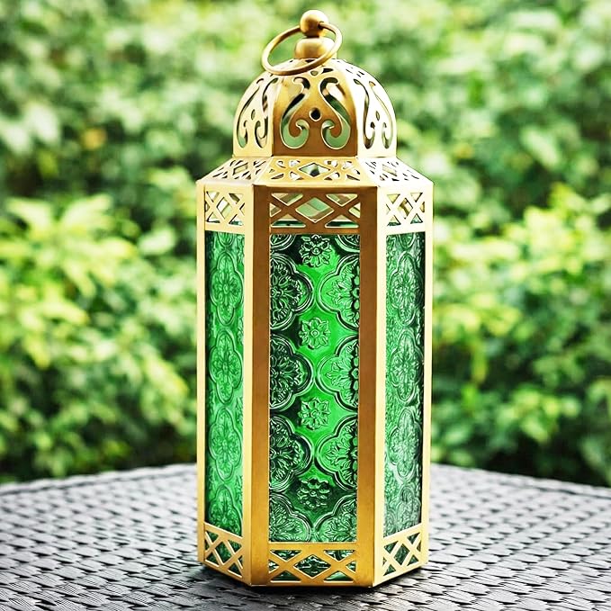 Vela Lanterns Decorative Indoor Moroccan Candle Holder, Gold Green, M | Ramadan Decorations for Home, Green Candle Lantern, Diwali Eid Table Centerpiece, Hanging Tealight Votive Pillar, 10.5in
