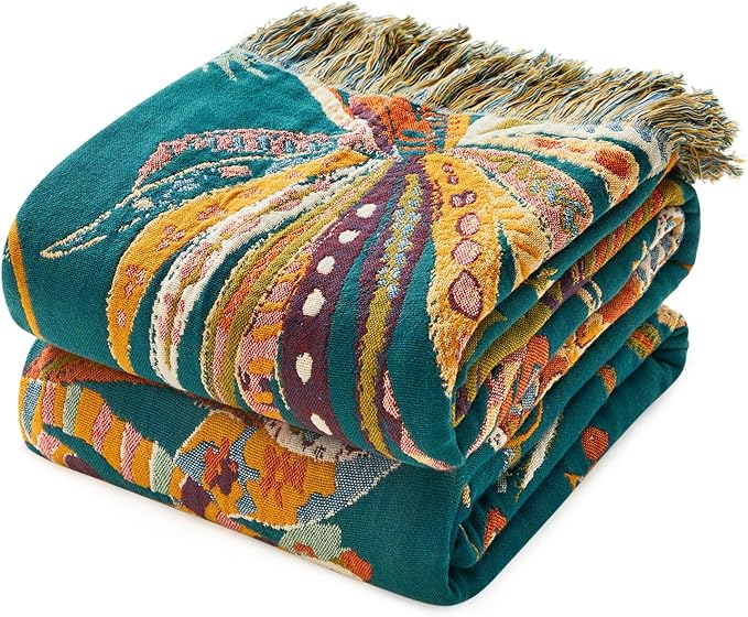 MSGKV Boho Throw Blanket 50"x60" Cotton Summer Floral Blanket for Couch | 100% Cotton Muslin, Floral Throw Blanket, Reversible Weave, Soft & Breathable, Botanical Home Decor, Machine Washable
