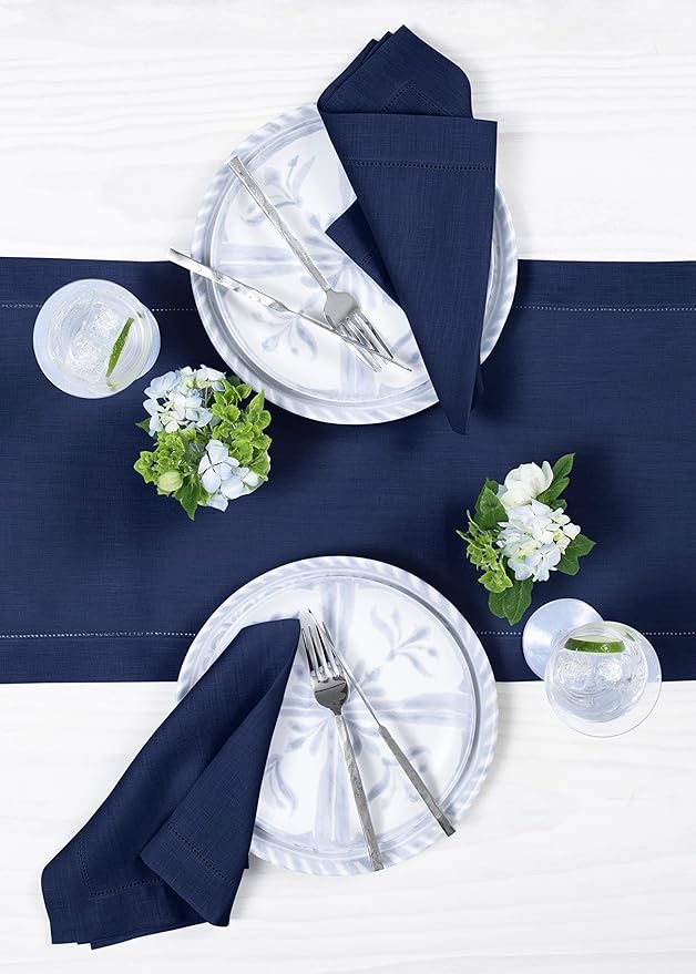 Solino Home 100% Pure Linen Dining Table Runner Navy Hemstitch, 14 x 144 in | Classic Hemstitch, a graceful centrepiece for dining and gatherings, hemstitched border, mitered corners, OEKO-TEX Certified