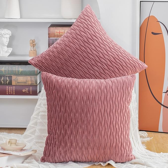 MADIZZ Set of 2 Super Soft Velvet Decorative Throw Pillow Covers 20x20 inch Pink Square with Texture Luxury Style Cushion Case Pillow Shell for Sofa Bedroom