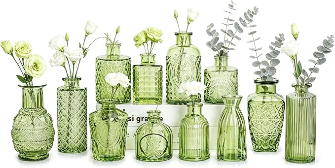 Mini Bud Vases As Wedding Centerpieces for Tables,Clear Bud Vases for Flowers,Small Flower Vases Suitable for Birthday Party,Anniversary,Wedding Reception,Baby Shower (Green, 12PCS)