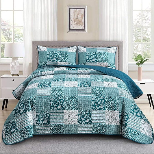 Mybedsoul Boho Queen Quilts, Patchwork Floral Bedding Set, Teal Blue | Soft Lightweight Microfiber Reversible Coverlet Set, 3 Pieces Plaid Bedspread, Bed Sets for All Seasons 96"x90"
