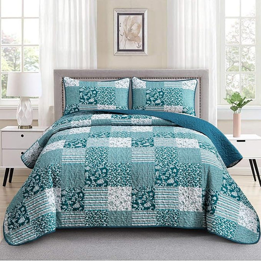 Mybedsoul Boho Quilt King Size, Patchwork Floral Bedding Set, Teal Blue | Soft Lightweight Microfiber Reversible Coverlet Set, 3 Pieces Plaid Bedspread, Bed Sets for All Seasons 90"x110"