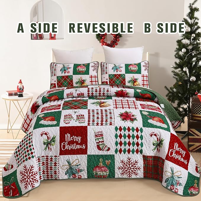 Mybedsoul Christmas Quilt Set Queen Size, Christmas Patchwork Bedding Set | 3 Pieces Snowflake Wreaths Pine Holiday, Red Vanilla Grid Coverlet Bedspread Coverlet with 2 Pillowcases for All Seasons