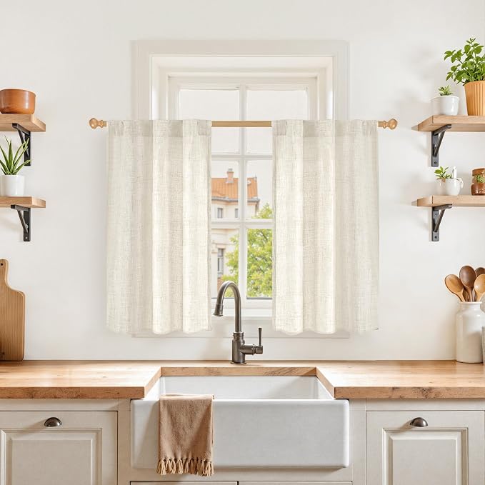 YoungsTex Small Linen Kitchen Curtains 36 Inch Length Window Over Sink | Half Drapes with Rod Pocket Back Tab Semi Sheer Rustic for Bathroom Cafe Windows, 2 Panels, 30 X 36 Inch