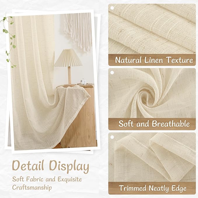Kitchen Linen Curtains 30 Inch Length for Small Window, 2 Panels | Semi Sheer Light Filtering, Boho, Curtains for Cafe, Bathroom, Basement, Back Tab Rod Pocket Panels, Linen, 34 x 30 Inch