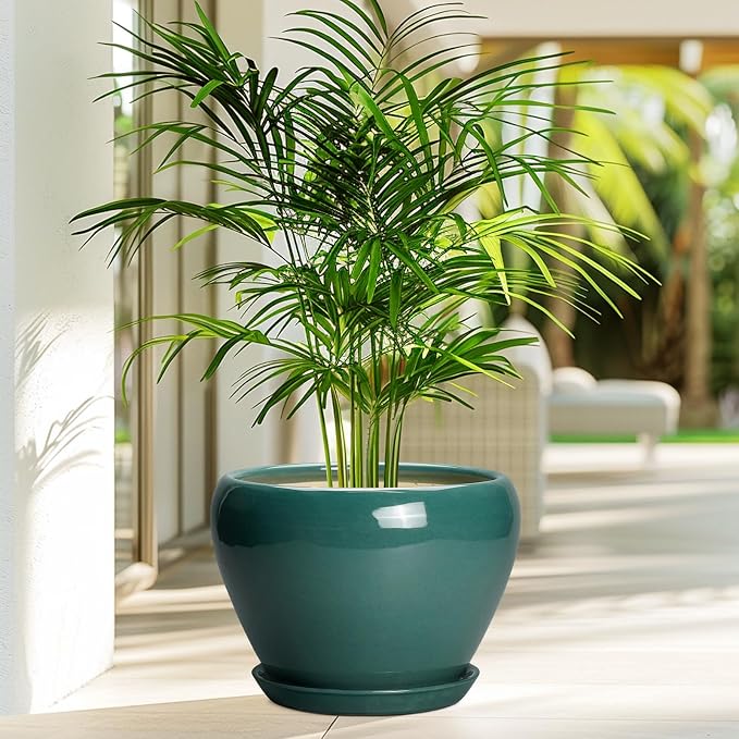 Ceramicfor Ceramic Planter for Indoor Plants 10 Inch, Green | Ceramic Plant Pot with Drainage Hole and Saucer, Glaze Round Decorative Planter, Plant Lover Gifts, Home Room Office Decor