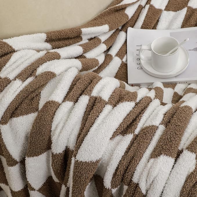 bearberry Soft Plush Throw Blanket for Couch, Cozy Warm & Lightweight | Knitted Fluffy Checkered Comfort Home Decor Gift for Women Mom Her, Sofa Chair Bed, 60x80in, Mocha