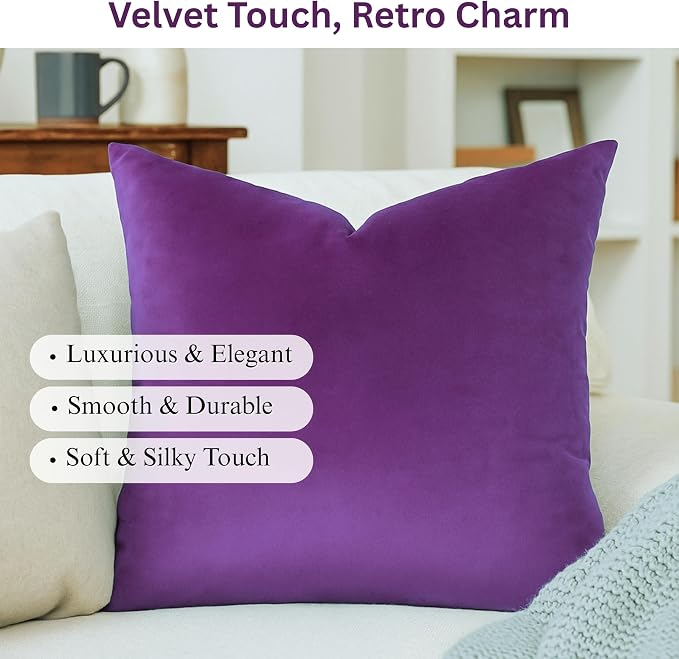 RELY+ Pack of 2 Throw Pillow Covers 18x18 Inch Velvet Soft Cozy Solid Decoration Gifts Pillow Covers Luxury Cushion Case for Sofa Couch Bedroom Living Room (Purple, 18 X 18)