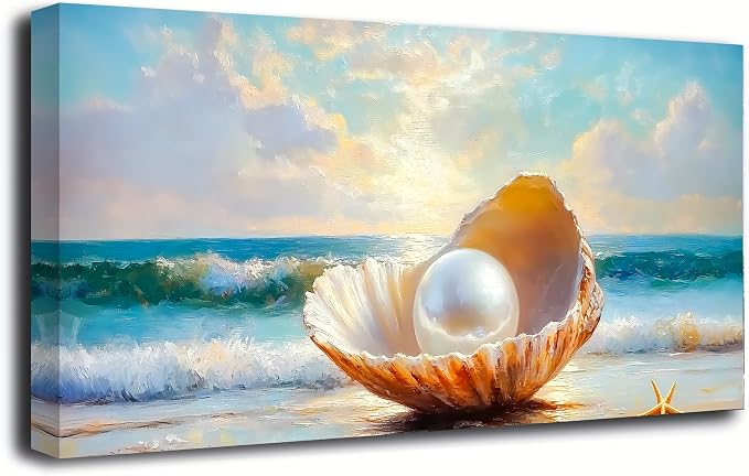 Seashells Pearls Pictures Canvas Wall Art Living Room Office Bedroom Wall Decor Sea Landscape Wall Art Prints Modern Blue and White Landscape Artwork Waterproof Ready to Hang - 20x40 inches