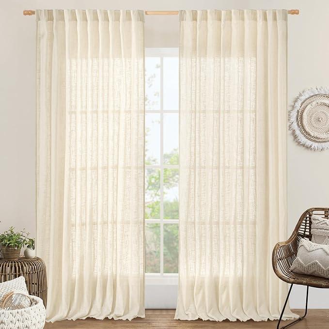Extra Wide Linen Curtains for Bedroom Semi Sheer Panels 84 Inch | Light Filtering, Faux Linen, Rod Pocket Back Tab, Drapes for Living Room, French Door, Beige, 2 Panels, 70 x 84 Inch