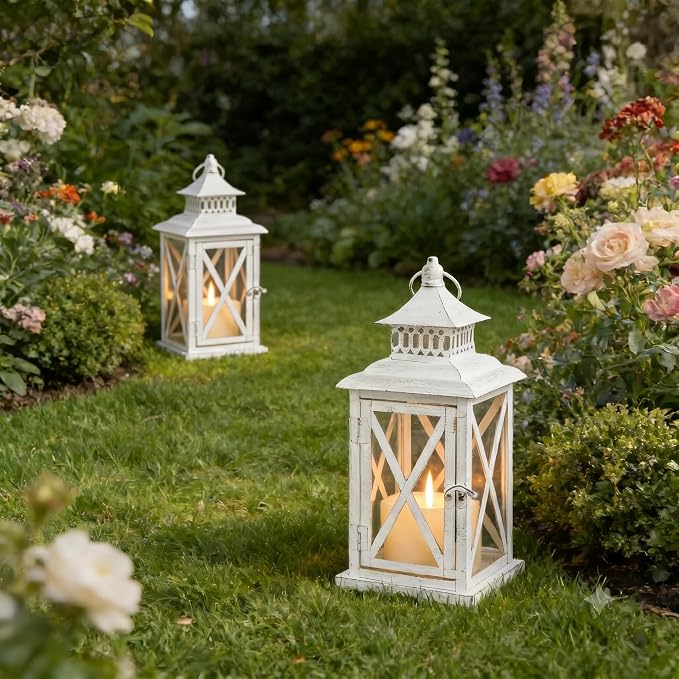 Lantern Decorative Indoor & Outdoor, 2 PCS 14.8''H Large Square Hanging Spring Home Decor, Vintage Metal Decorative Candle Lanterns for Outdoor Patio Wedding Party (White with Black Brush)