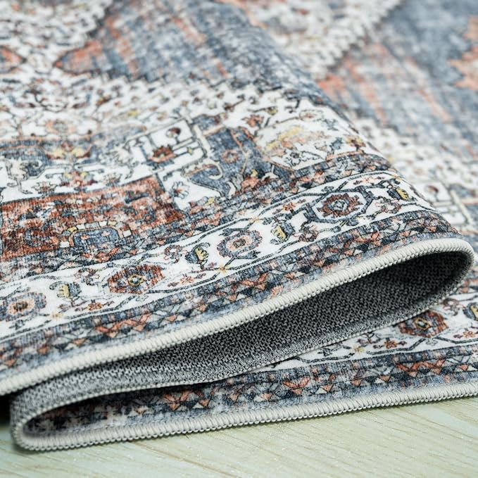 Washable Kitchen Runner Rug 2x10: Non-Slip Hallway Rugs Indoor Soft Low Pile Stain Resistant Carpet for Bedroom Laundry Entryway Ultra-Thin Vintage Home Decor Floor Mat for Bathroom (Blue, 2 x 10)